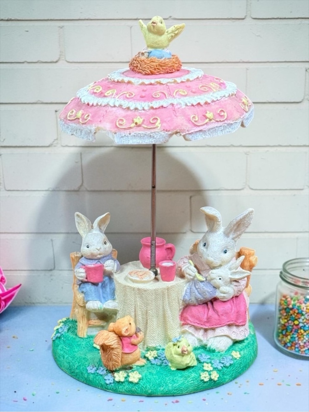 Bunny Family Picnic Figurine with Umbrella